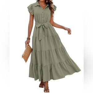 dowerme 2025 Cap Ruffle Sleeve V Neck Button Belted Tiered Dress with Pockets